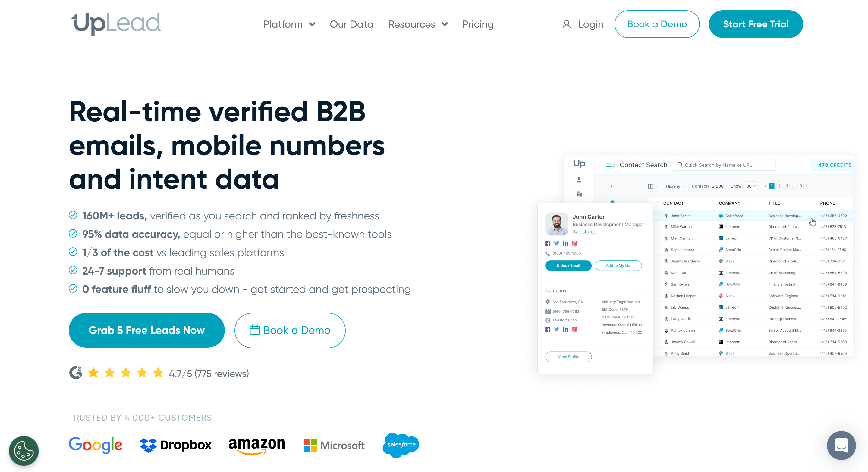 UpLead is a B2B lead generation platform that provides access to over 160 million verified business contacts.